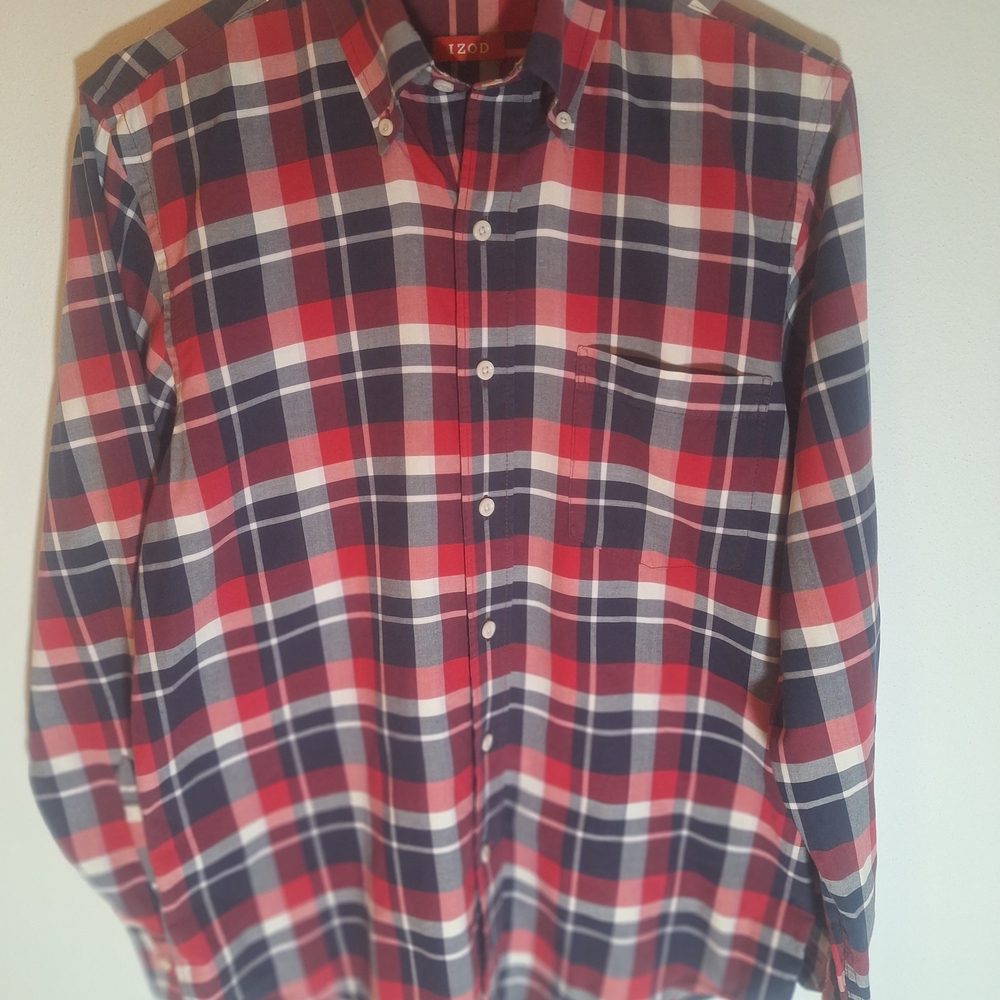 IZOD Men's Red Navy White Plaid Button-Up Shirt Long Sleeve Casual